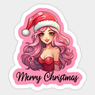 Pink Haired Girl - Merry Christmas (Black Lettering) Sticker